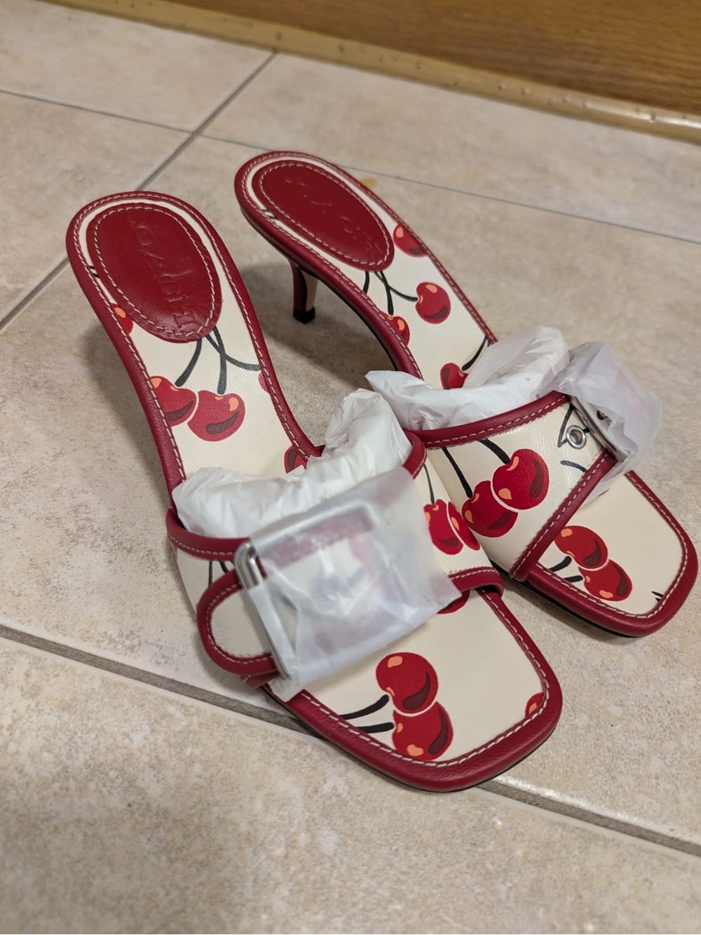 Coach Red and Cream Cherry Print Kitten Heels - Picture 2 of 7